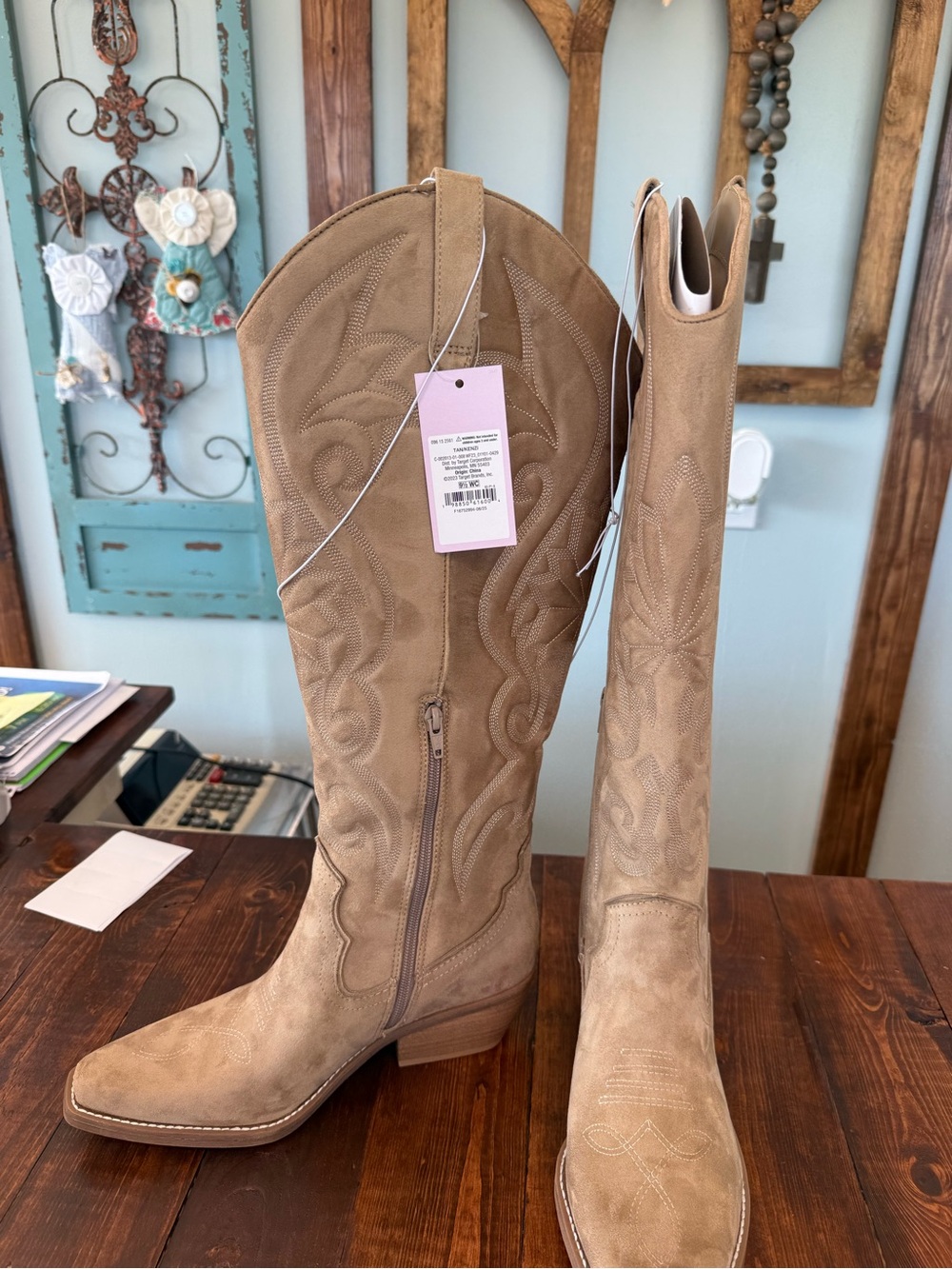 wild fable Tan Suede Cowboy Heeled Boots